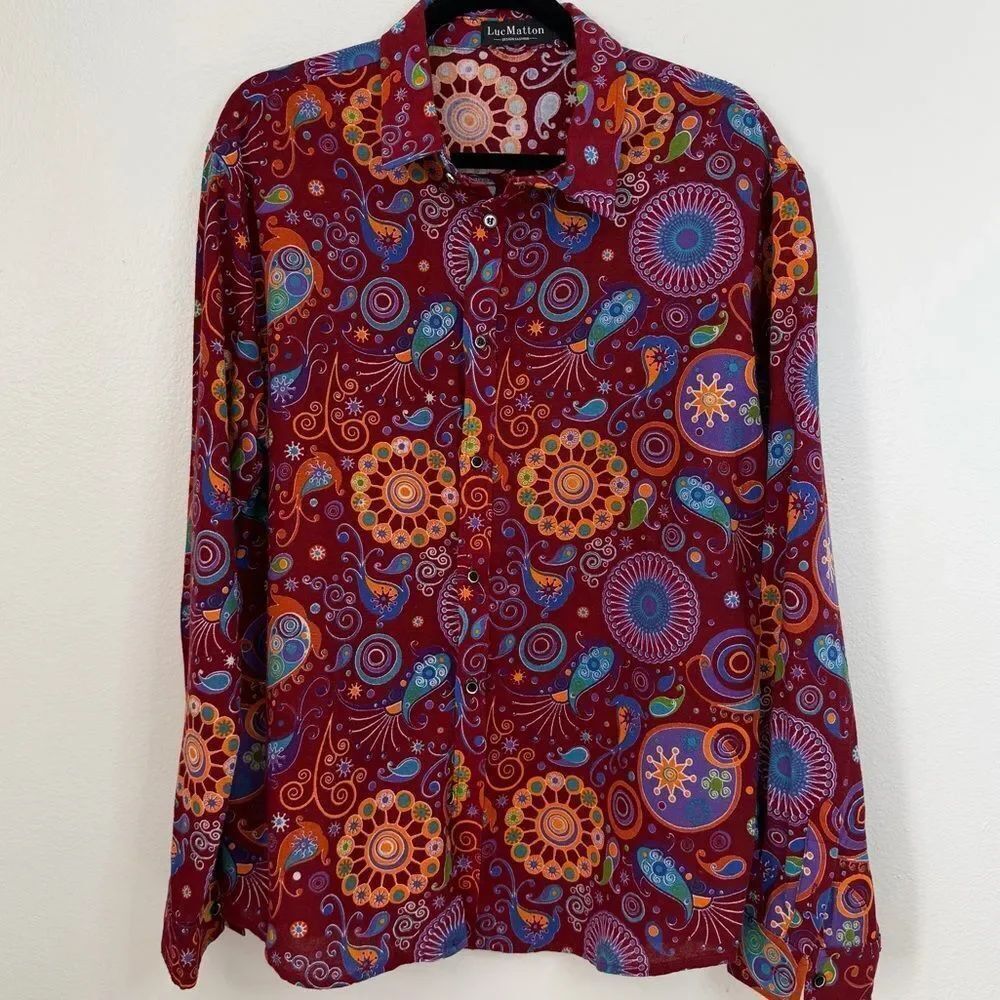 Luc Matton Shirt Mens Size XL Paisley Mandala Print Cotton Linen Burgundy